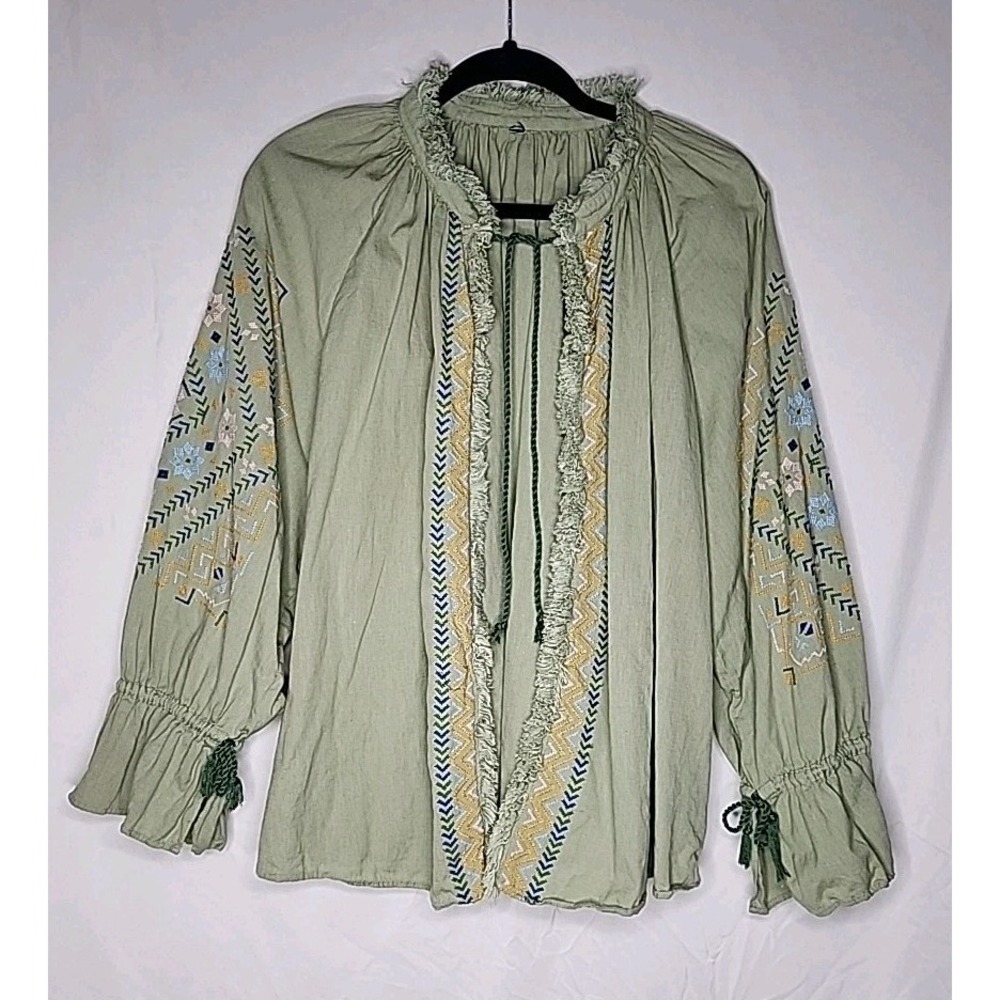 Zara TRF Collection Embroidered Pom Pom Ties Green Fringe Tie Neck Jacket